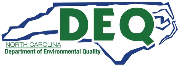 Blue outline of the State of NC with large green letters, DEQ and smaller green letters, North Carolina Department of Environmental Quality.
